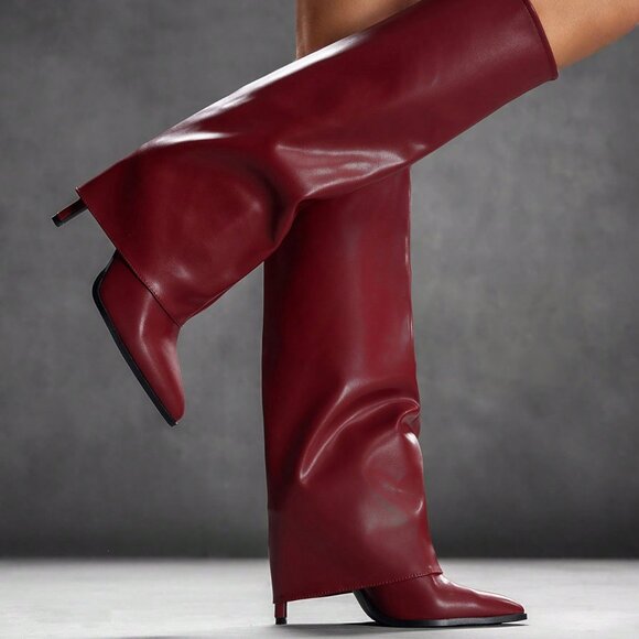 Burgundy Sexy Women's Pointed Toe Stiletto Heel Patent Leather knee High Boots - Picture 1 of 8
